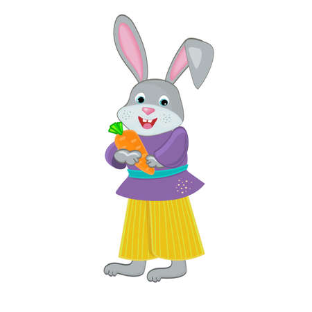 Cartoon rabbit wearing costume and holding a fresh carrot.のイラスト素材