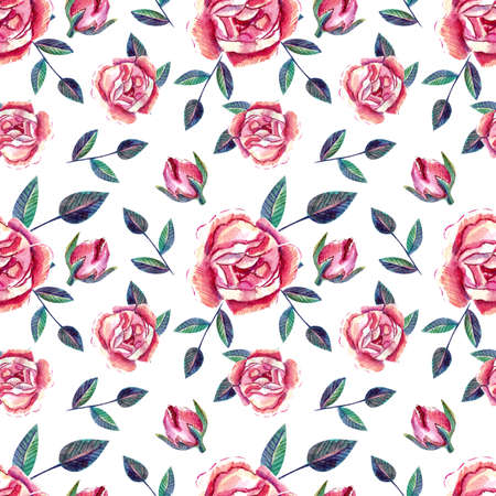 Flowerish seamless pattern with pink roses, bulbs and leaves.の写真素材