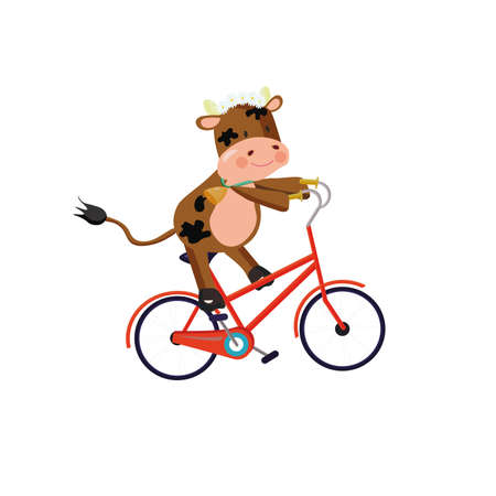 Bull wearing chamomile wreath riding a bike.のイラスト素材