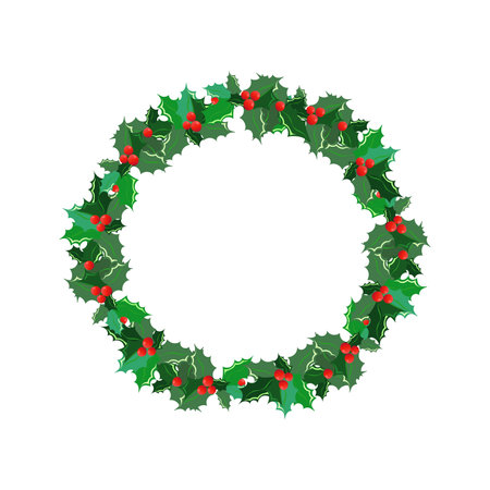 Christmas decorative wreath made of holly leaves and berries.のイラスト素材