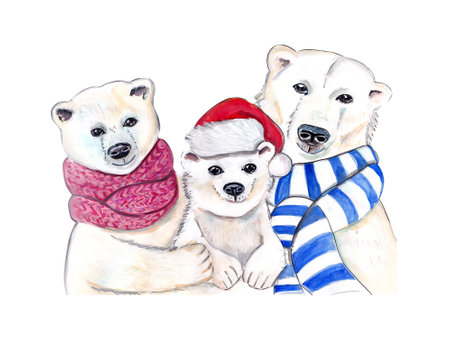 White polar bear family including a mother, a father and a kid wearing scarfs and a red Santa Claus cap.の写真素材