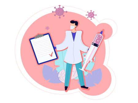 Vaccination preventing coronavirus. Male doctor holding syringe and check list.のイラスト素材