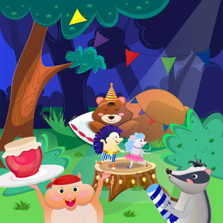 Cartoon illustration with animals including bear, hedgehog, mouse, hamster and badger celebrating birthday.の写真素材