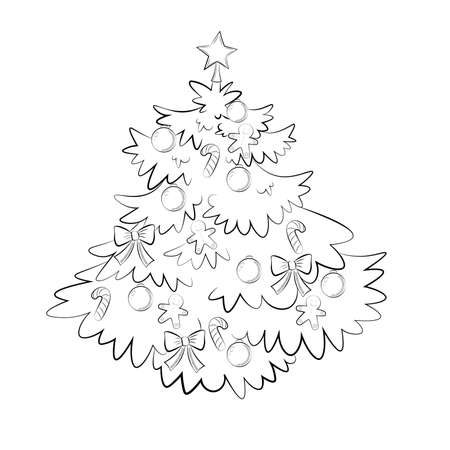 Decorated christmas tree line art isolated on white background.のイラスト素材