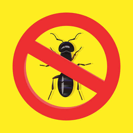 Warning sign no insect with black ant on yellow background. No ants vector sign for insecticide.のイラスト素材