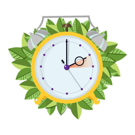 Yellow alarm clock moving forward in one hour with green leaves on background. Spring clock change concept.のイラスト素材