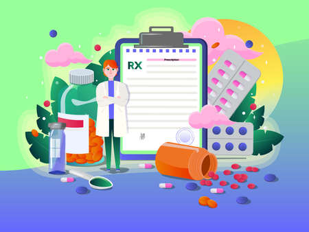 Rx medical prescription. Doctor prescribes medicines, disease therapy pills, painkiller drugs. Pharmacy control vector concept. Different pharmaceutical forms.のイラスト素材