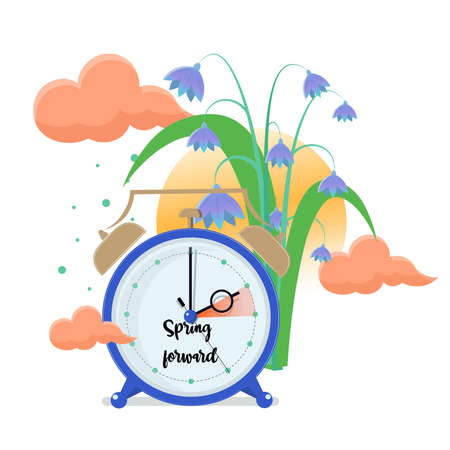 Daylight saving time concept. Clocks move forward. Bluebells and sun near the clock. Spring clock change.のイラスト素材