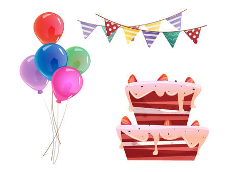 Birthday party set with balloons, red velvet cake and pennants.