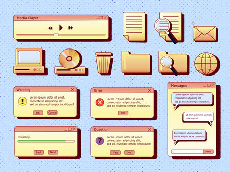 Vector set of retro y2k computer interface. Gradient icons and dialog window templates. Nostalgic OS. Retro icons.のイラスト素材