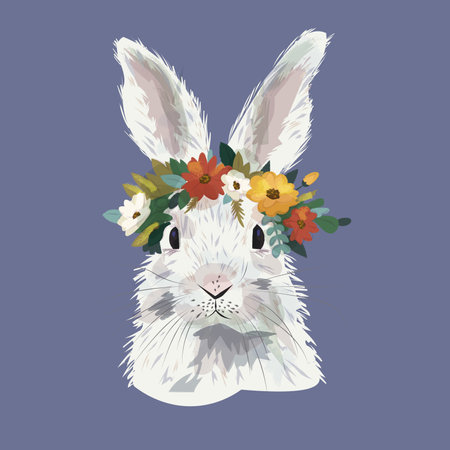 White easter bunny wearing floral wreath. Close up portraitのイラスト素材