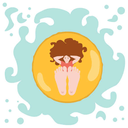 Colourful illustration in flat design style. A happy girl resting on yellow swimming ring on the water. The girl is holding her feet up. She has smile tattoo on her heels. Summer vacation time.のイラスト素材