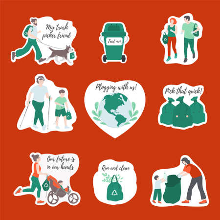 Set of the stickers on the theme Plogging.のイラスト素材