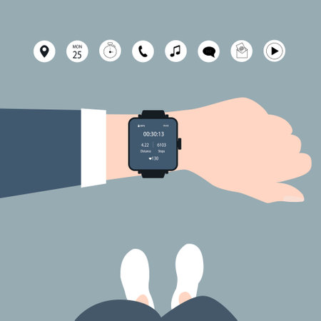The flat vector illustration of hand with a modern smart wristwatch.のイラスト素材
