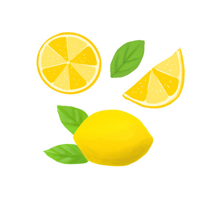 set of lemon yellow illustration on a white background, whole and slicedの写真素材