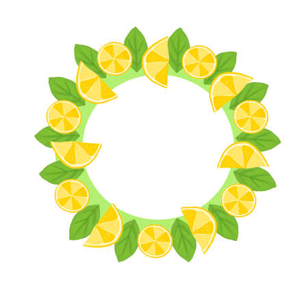 lemon yellow illustration on a white background, whole and sliced, frame, wreathの写真素材