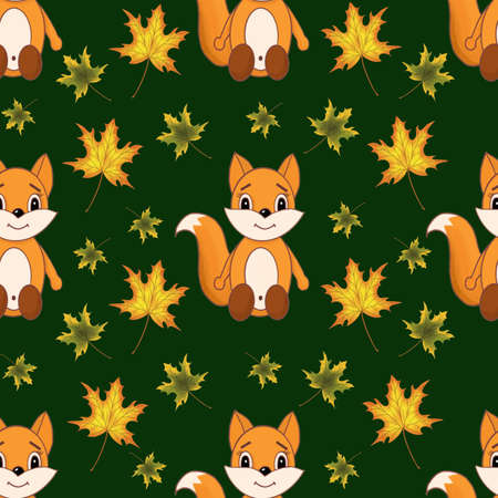 seamless chanterelle pattern of an orange character with maple leaves on a dark backgroundの写真素材