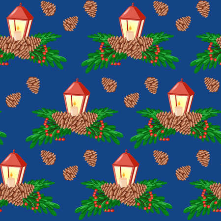 winter seamless pattern of a red lantern and cones with a spruce branch onの写真素材