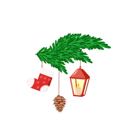 a green branch hangs a red Christmas sock and a cone and a red lantern with a candleの写真素材