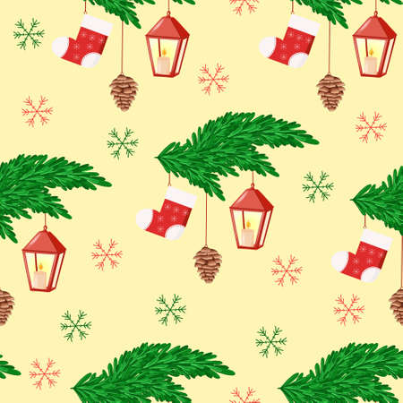 pattern with a spruce branch and a Christmas sock and a cone and a lanternの写真素材
