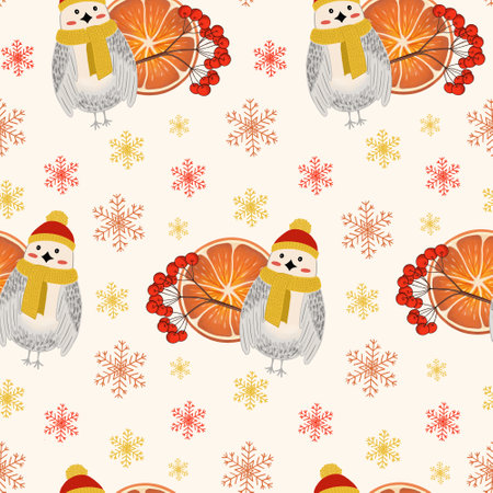 seamless pattern of a gray bird in a red hat and a yellow scarf and a red mountain ash and a slice of orangeの写真素材