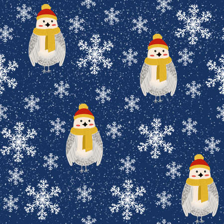 pattern grey bird in a hat and scarf on a blue background with snowflakesの写真素材