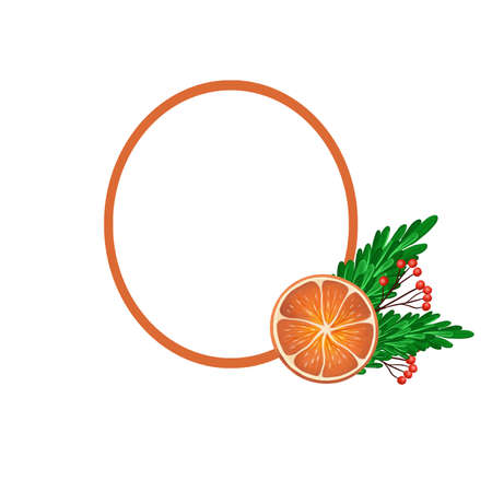 round frame with orange slice fir branch and rowan berriesの写真素材