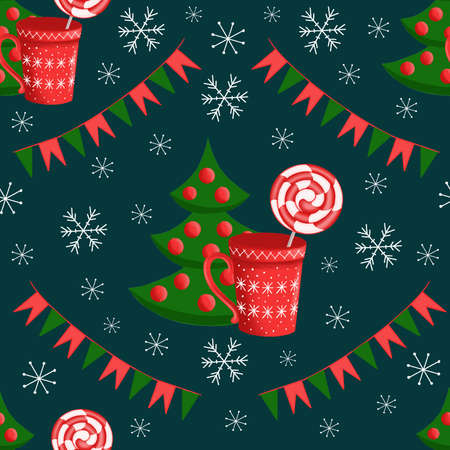 pattern a Christmas tree with balloons and a red mug and a lollipop and flags and snowflakes on a...