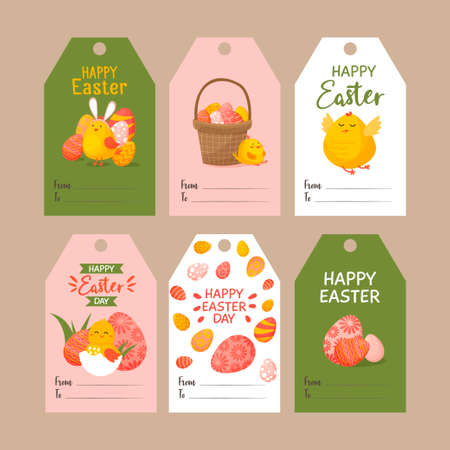 Set of cute Easter tags. Collection of labels with Easter bunny, eggs and chickens Spring templates for your design. Vector illustrationのイラスト素材