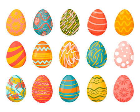 Set of Easter eggs with different textures on a white background. Spring holiday. Vector illustration.のイラスト素材