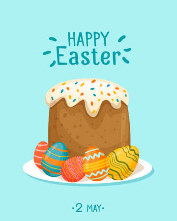 Easter cake cured with glaze and bright elements. Painted eggs with colorful patterns. Vector illustrationのイラスト素材