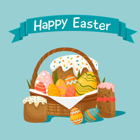 Happy Easter greeting card with basket of eggs and Easter cakes. Cartoon vector illustration.のイラスト素材