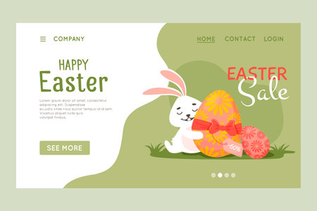 Happy Easter vector website template, web page and landing page design for websites and mobile websites. Rabbit hugs a beautiful egg with a gift ribbon.のイラスト素材