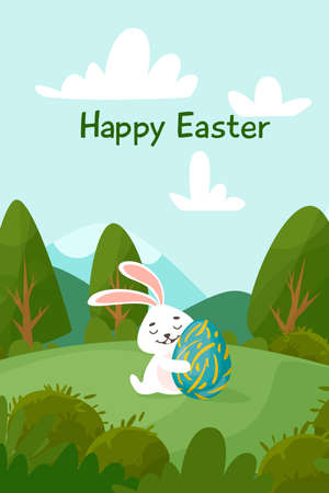 Easter bunny with an egg in the meadow. Against the backdrop of a beautiful landscape. Vector illustration for website, poster, promotion, advertisement, coupon, banner, flyerのイラスト素材