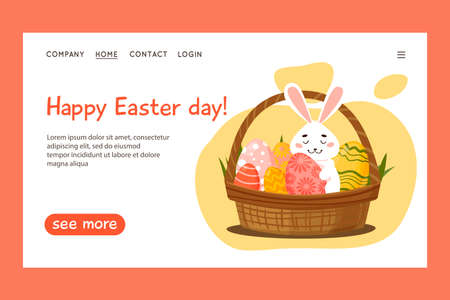 Happy Easter vector website template, web page and landing page design for websites and mobile website development. Rabbit in a basket with Easter eggs.のイラスト素材