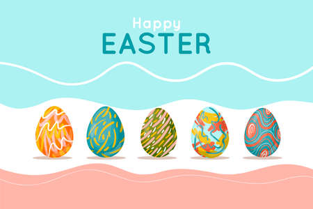Greeting card with Easter eggs with different textures in the meadow. Spring holiday. Vector illustration.のイラスト素材