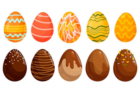 Happy Easter.A set of Easter eggs with different textures on a white background. Spring holiday. Vector illustration. Happy Easter eggsのイラスト素材