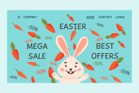 Happy Easter vector website template, web page and landing page design for websites and mobile website development. Easter discounts, great deal. Rabbit and carrots falling on itのイラスト素材
