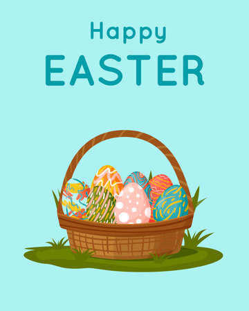 Happy Easter. Basket with different painted Easter eggs in the meadow. For postcards, banners, flares, leaflets.のイラスト素材