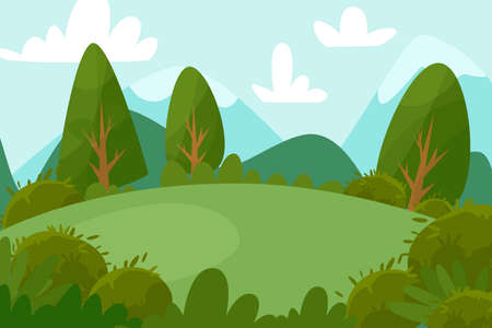 Beautiful background with a landscape. Kus, trees, clouds, mountainsのイラスト素材