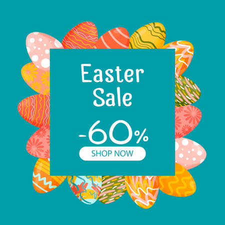 Easter banner with discounts, special offer. Easter eggs on the background. Vector illustration for website, poster, promotion, advertisement, coupon, banner, flyerのイラスト素材