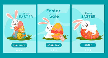 Start page for the mobile application. Easter bunnies with eggs in a meadow. Discount flyer.Vector illustration for website, poster, promotion, advertisement, coupon, banner, flyerのイラスト素材