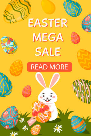 Happy Easter vector website template, web page and landing page design for websites and mobile websites. Discounts and best deals. Easter rabbits and eggs. Vector illustrationのイラスト素材
