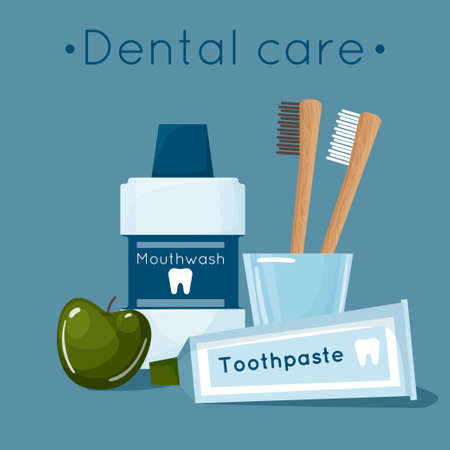 Vector cartoon set of basic dental tools for oral and dental care: toothbrush, toothpaste, mouthwash, apple. Isolated over white background. Dental concept. Vector illustrationのイラスト素材