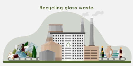 Recycling glass waste into new products. Waste recycling plant with pipes, storage and building. Zero waste concept. flat vector illustration. Vector illustrationのイラスト素材