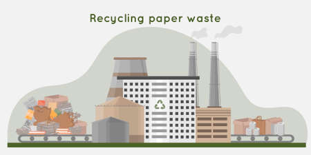 Recycling paper waste into new products. Waste recycling plant with pipes, storage and building. Zero waste concept. flat vector illustration. Vector illustrationのイラスト素材