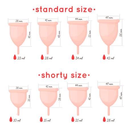 A realistic set of menstrual cups of different types and sizes. Feminine personal care pink menstrual products with description of volume, height and width. . Vector illustrationのイラスト素材