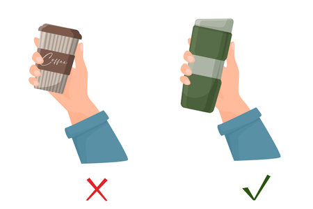 Hand holding reusable mug and hand and disposable glass. Environmental protection, reusable. zero waste. Hand drawn vector illustration on white background. Vector illustrationのイラスト素材