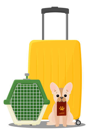 Traveling with domestic animals. Suitcase and carrier for a dog. A dog with a veterinary passport. Vector illustration isolated on white background. Vector illustrationのイラスト素材