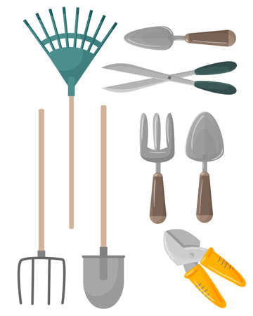 Vegarden tool vector gardening equipment rake, shovel, pitchfork, scissors, gardener collection of farm or agriculture set of illustrations isolated on white backgroundctor illustrationのイラスト素材
